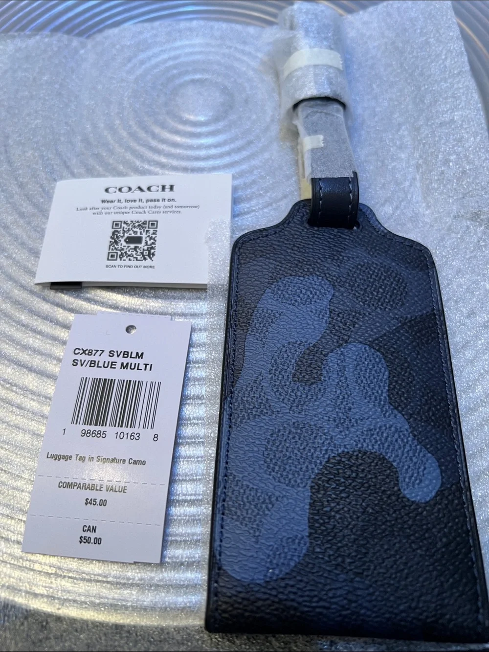 Coach NWT Black & Blue Camo Luggage Tag with Silver tone Hardware- Unisex